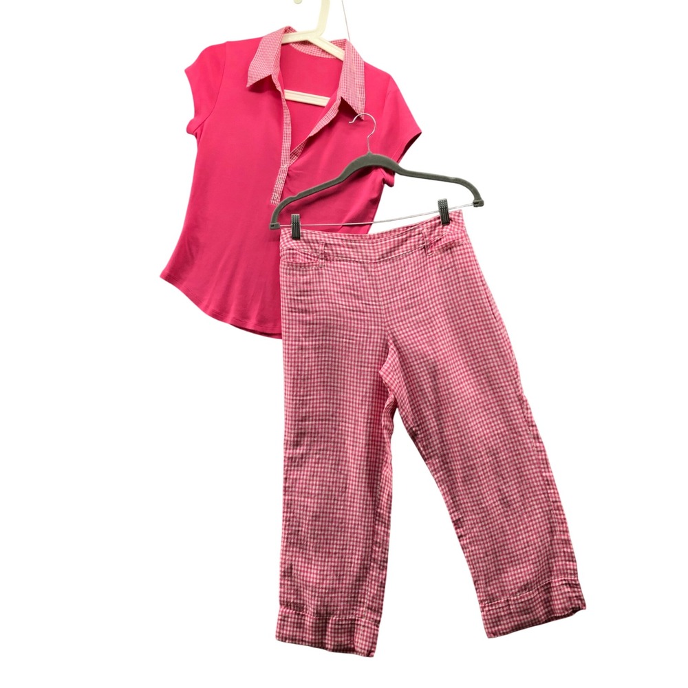 Vintage 90s Ann Taylor Loft Pink Gingham Linen Trousers Polo Shirt Set 4P